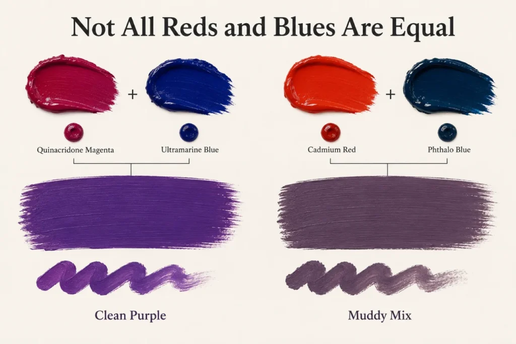 Comparison of red and blue mixed into clean purple vs muddy purple using different pigments.
