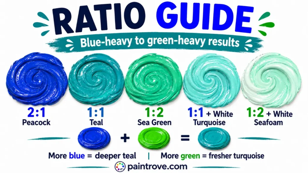 Blue and green mixing ratios create peacock, teal, sea green, turquoise, and seafoam.