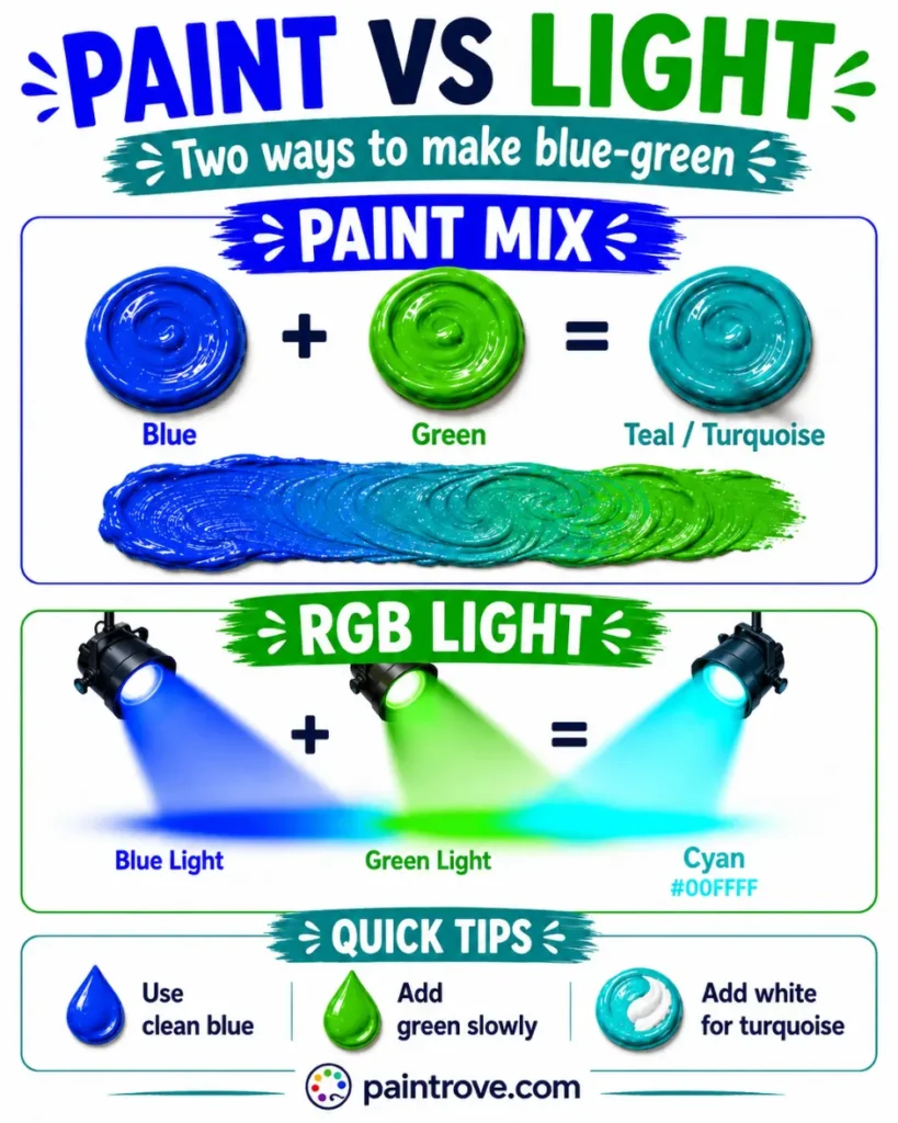 Blue and green mixed in paint make teal, while blue and green light make cyan.