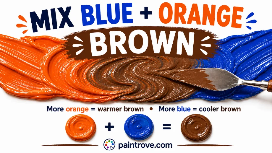 Blue and orange make brown paint, with more orange creating warm brown and more blue creating cool brown.