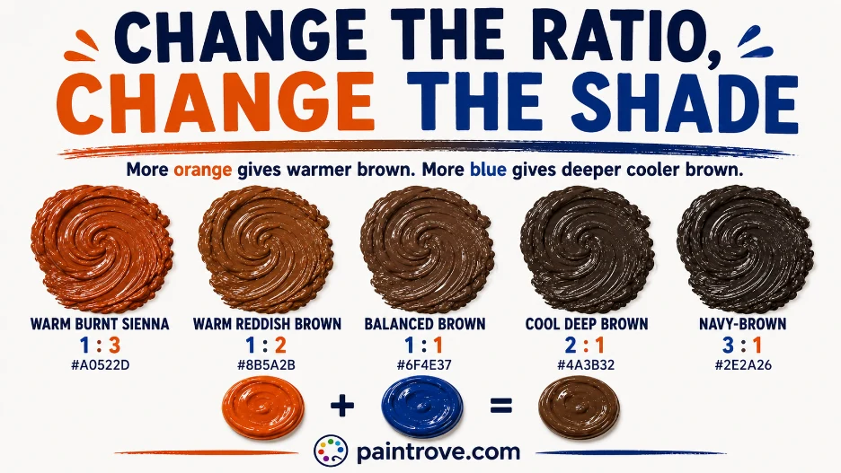 Blue and orange mixed at different ratios make burnt sienna, brown, and cool deep brown.