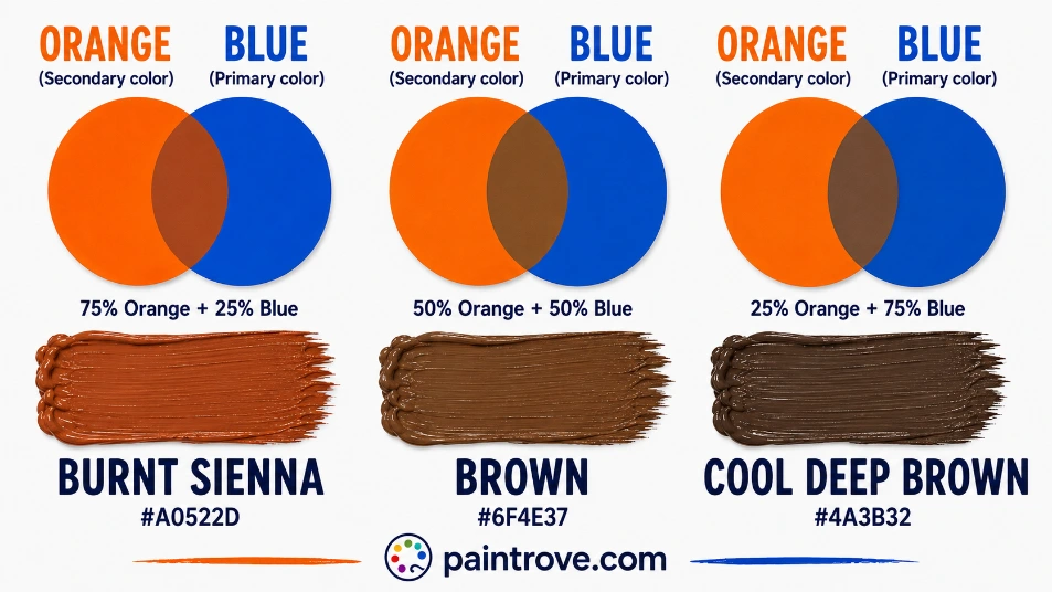 Blue and orange mixed at different ratios make burnt sienna, brown, and cool deep brown.