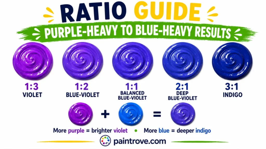 Blue and purple mixing ratios create violet, balanced blue-violet, deep blue-violet, and indigo.