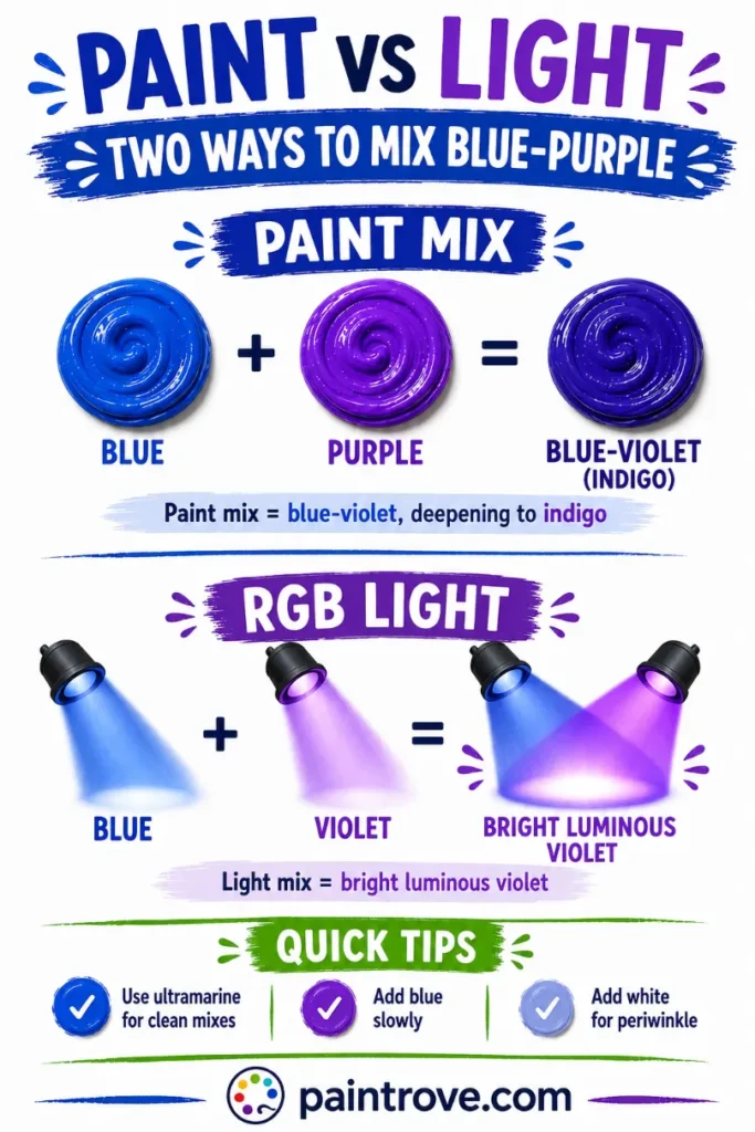 Blue and purple mixed in paint make blue-violet, while blue and violet light create luminous violet.