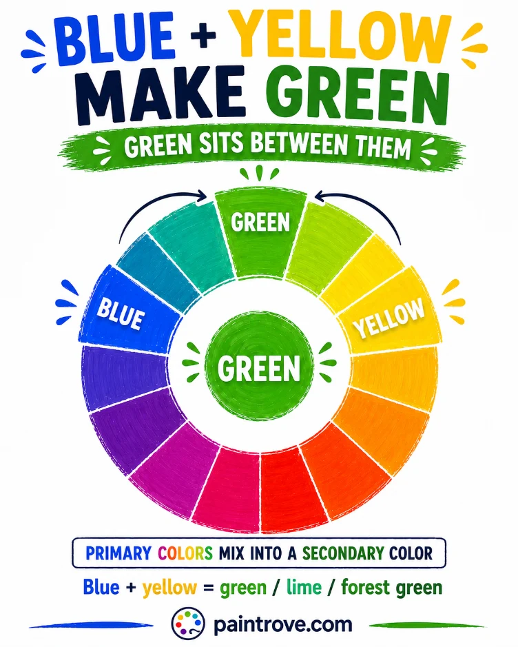 Blue and yellow make green, shown between both primary colors on the color wheel.