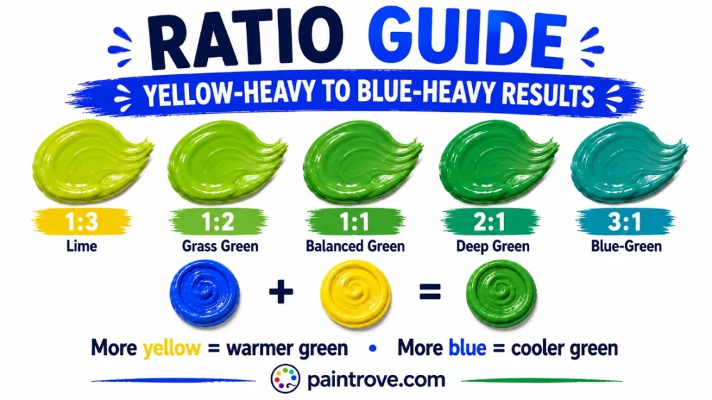 Blue and yellow mixing ratios create lime, grass green, balanced green, deep green, and blue-green.
