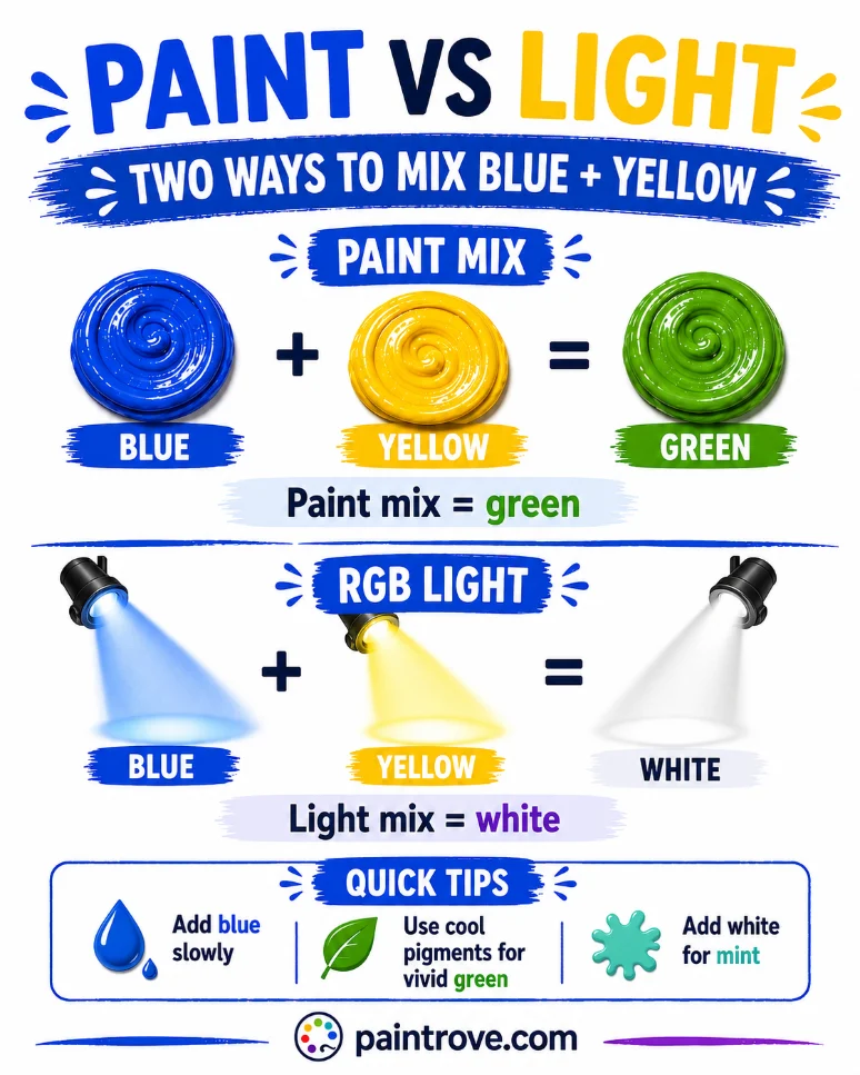 Blue and yellow mixed in paint make green, while blue and yellow light combine to make white.