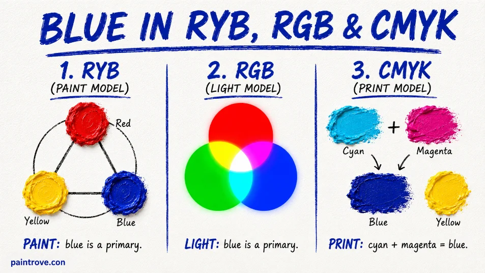 Blue compared across RYB paint, RGB light, and CMYK printing models.