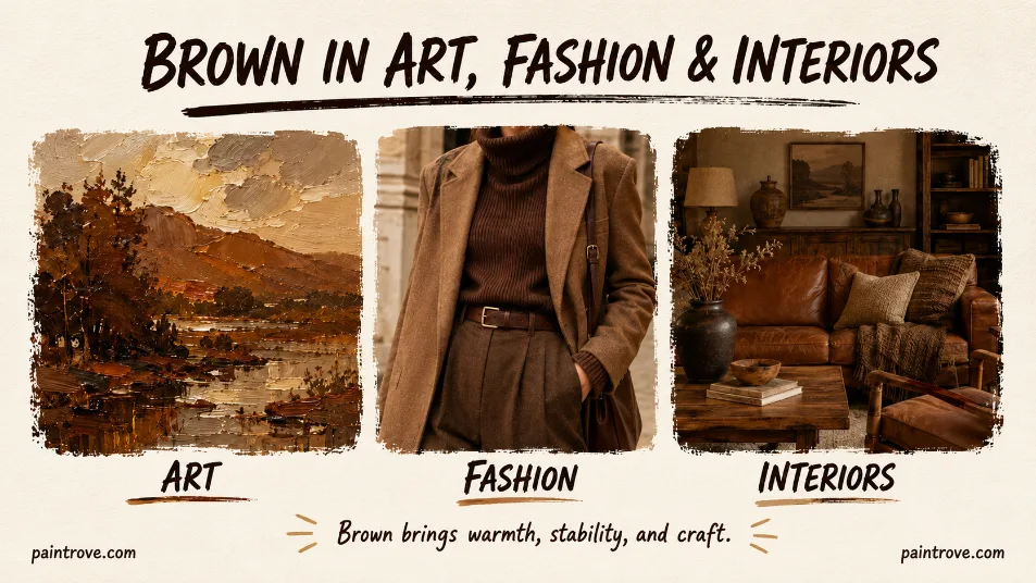 Brown tones used in landscape art, autumn fashion, and warm interiors.