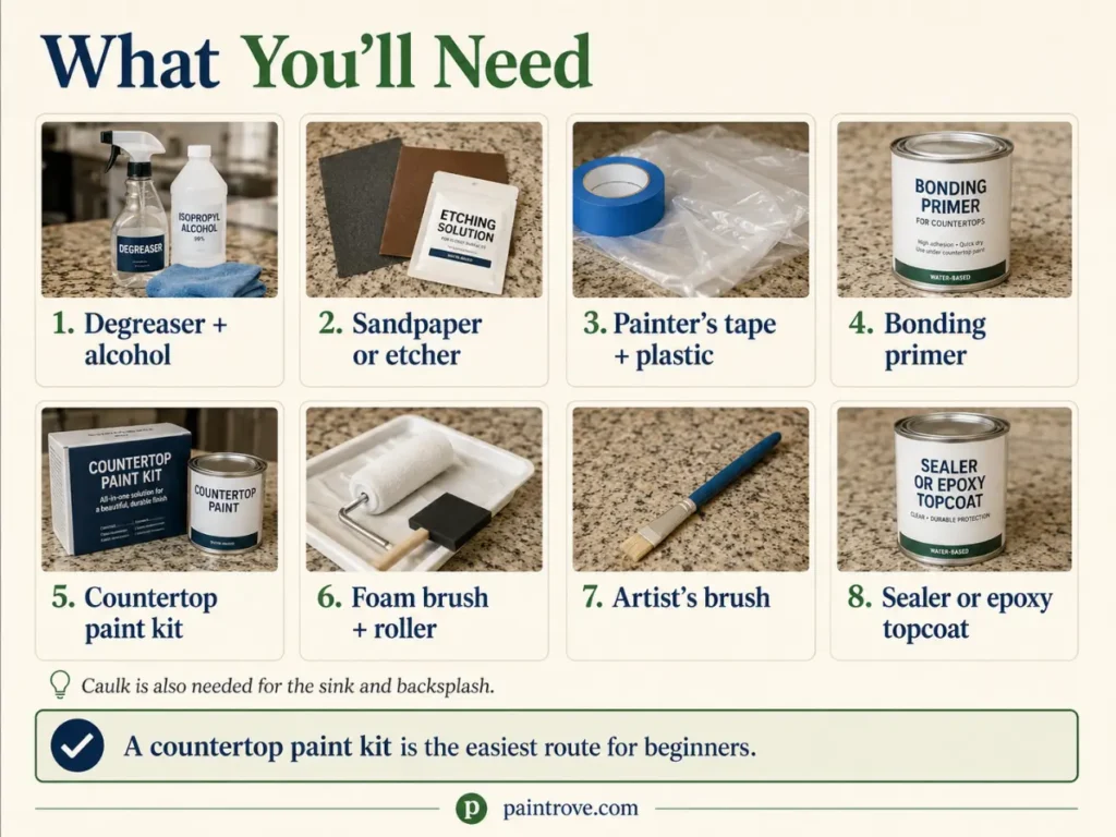 Granite countertop painting supplies including primer, tape, roller, and sealer
