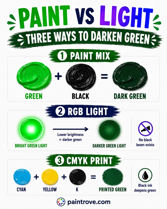 Green and black mixed in paint make dark green