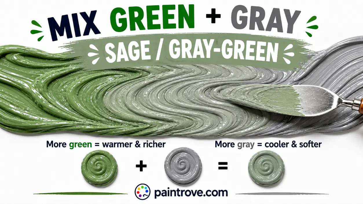 Green and gray paint make together to create a soft sage or muted gray-green color.