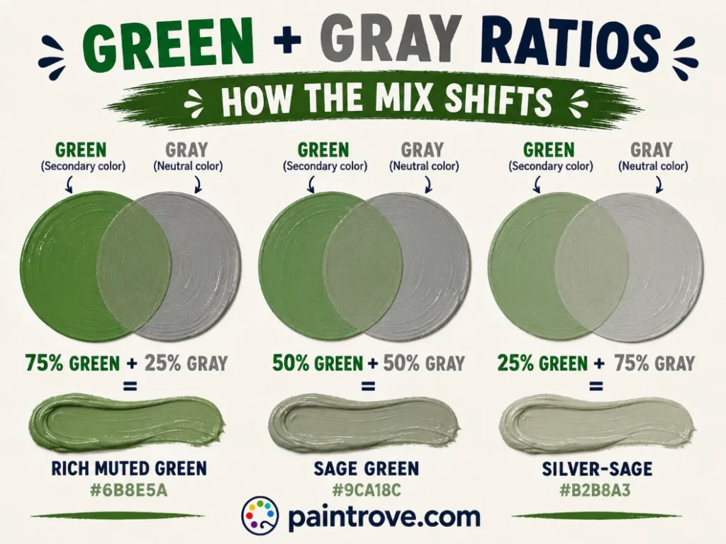 Green and gray mixing ratios showing rich muted green, sage green, and silver-sage results.