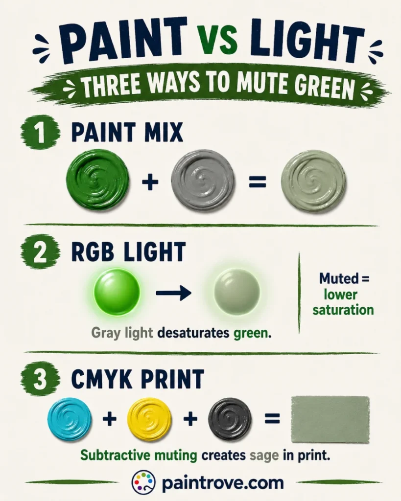 Comparison of green and gray mixing in paint, RGB light, and CMYK printing to create muted sage green.