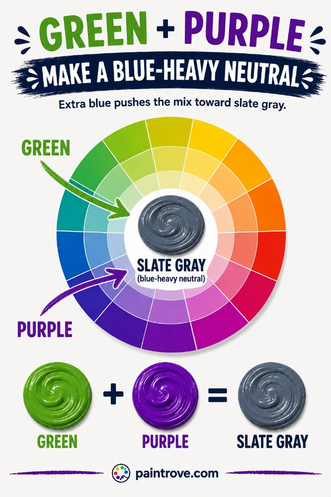 Green and purple form a blue-heavy neutral that shifts toward slate gray.