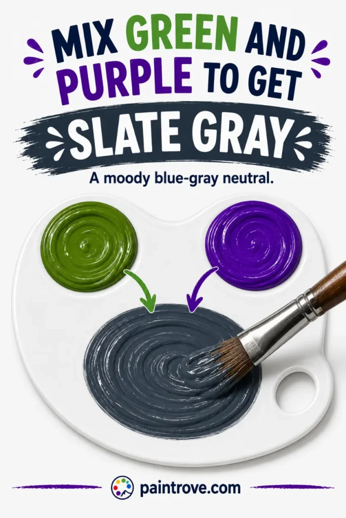 Green and purple paint mix into a moody slate gray on a palette.