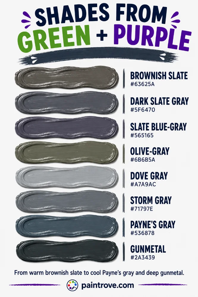 Green and purple create slate shades from brownish slate to gunmetal.