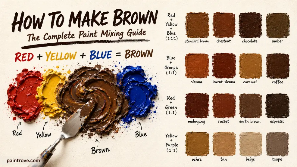 How to make brown using primary and complementary color paint mixtures.