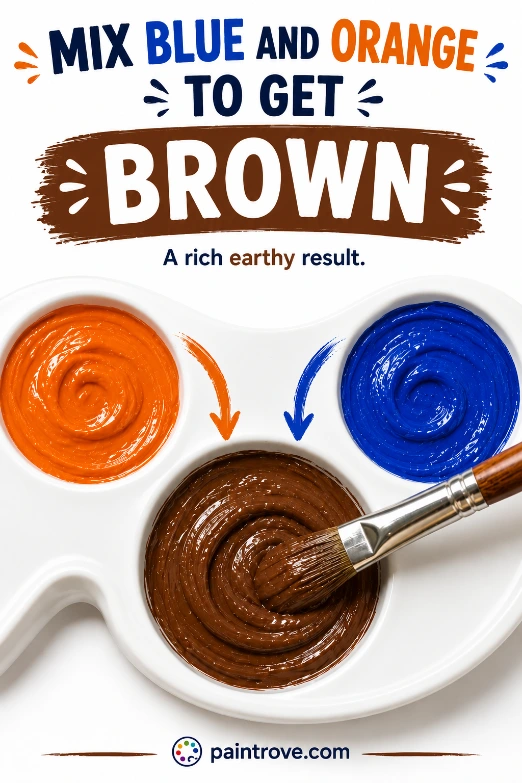 Mix blue and orange paint to make a rich earthy brown color in a paint palette.