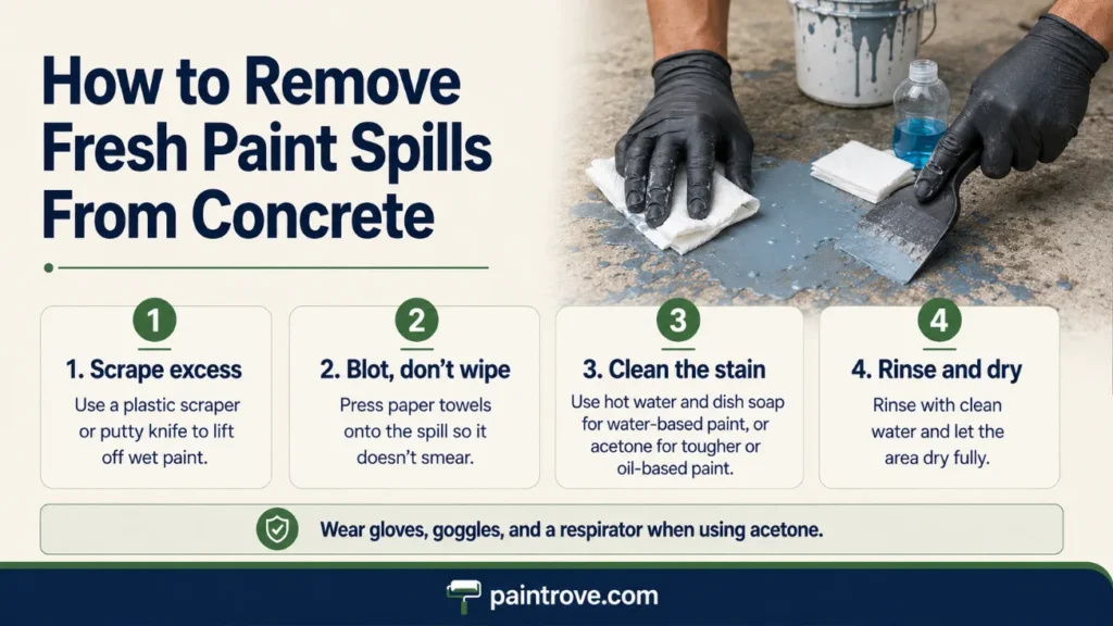 Remove paint from concrete fresh spills using scraper, blotting, soap, acetone, and rinsing.