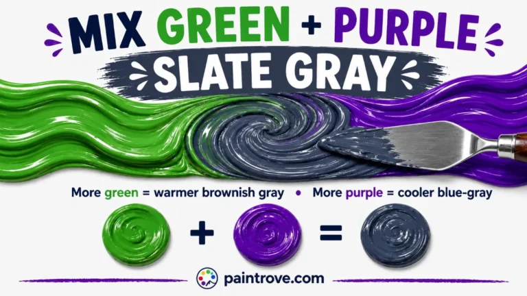 Green and purple make slate gray, with warmer or cooler results by ratio.