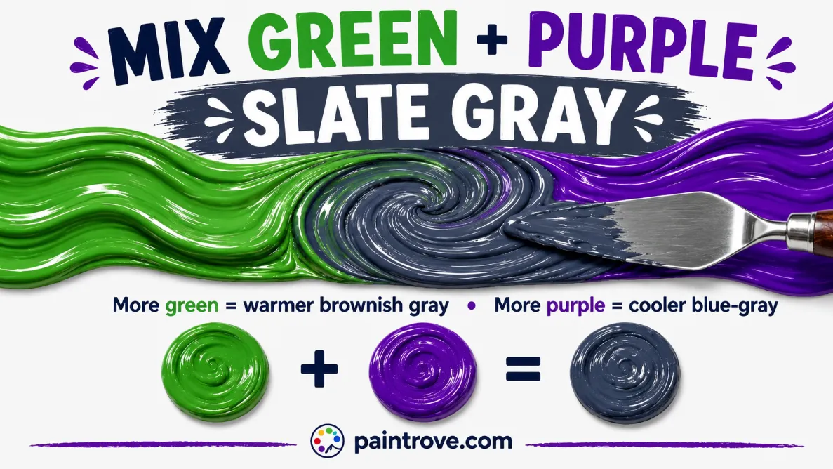 Green and purple make slate gray, with warmer or cooler results by ratio.