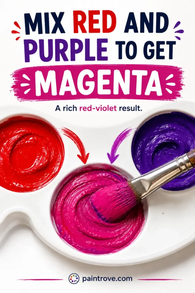 Mix red and purple to get magenta, a rich red-violet result shown with paint and a brush.