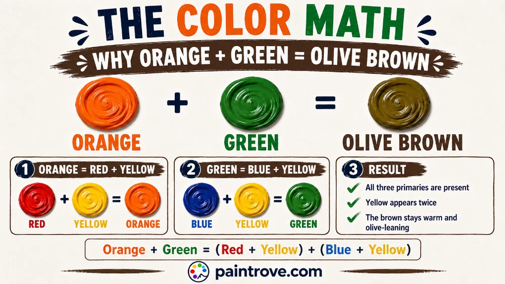 Orange and green make olive brown because both contain yellow and together include all three primary colors.