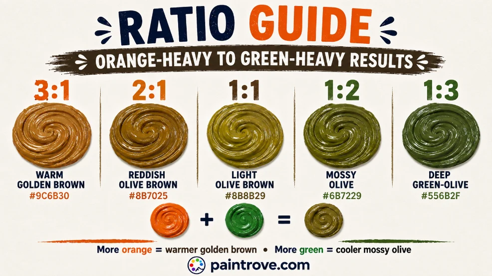 Orange and green mixing ratios create golden brown, reddish olive, light olive brown, mossy olive, and deep olive.