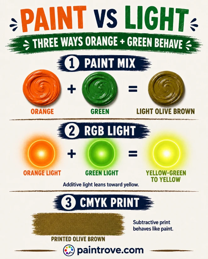 Orange and green mixed in paint make olive brown, while orange and green light lean toward yellow.