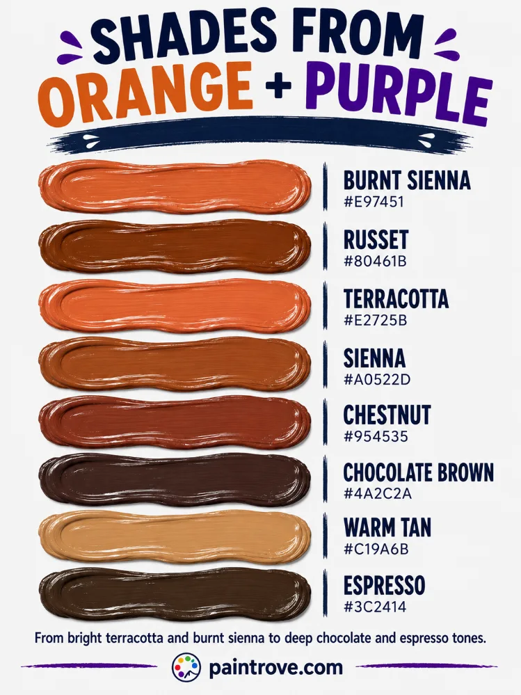 Orange and purple make shades from burnt sienna and terracotta to espresso brown.