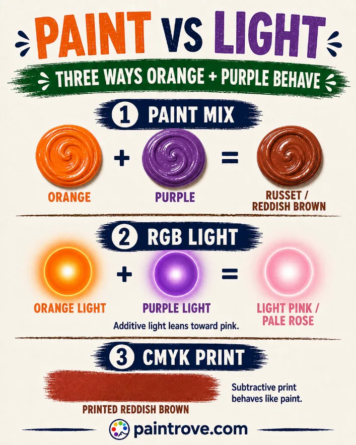 Orange and purple make russet paint, pale rose light, and printed reddish brown.