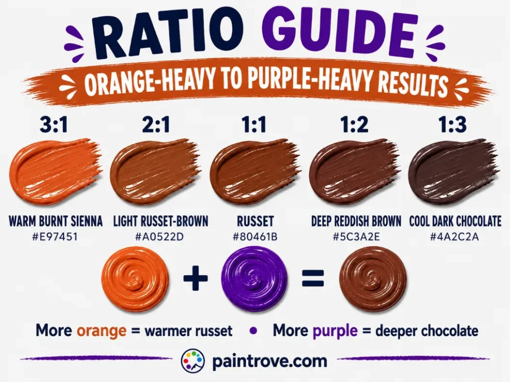 what does orange and purple make in different ratios: russet shades from warm burnt sienna to dark chocolate brown.