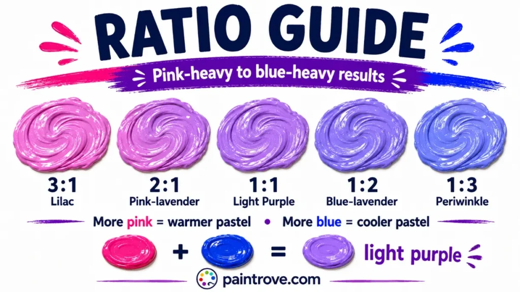Pink and blue mixing ratios showing lilac, light purple, blue-lavender, and periwinkle.