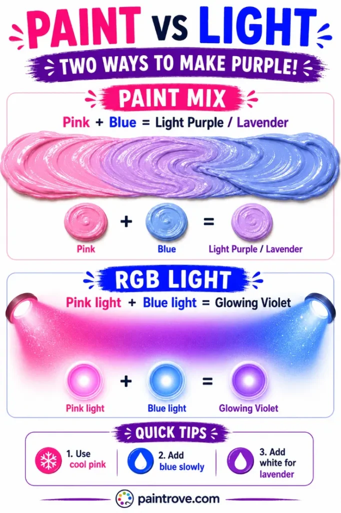 Pink and blue mixed in paint make lavender, while pink and blue light create glowing violet.