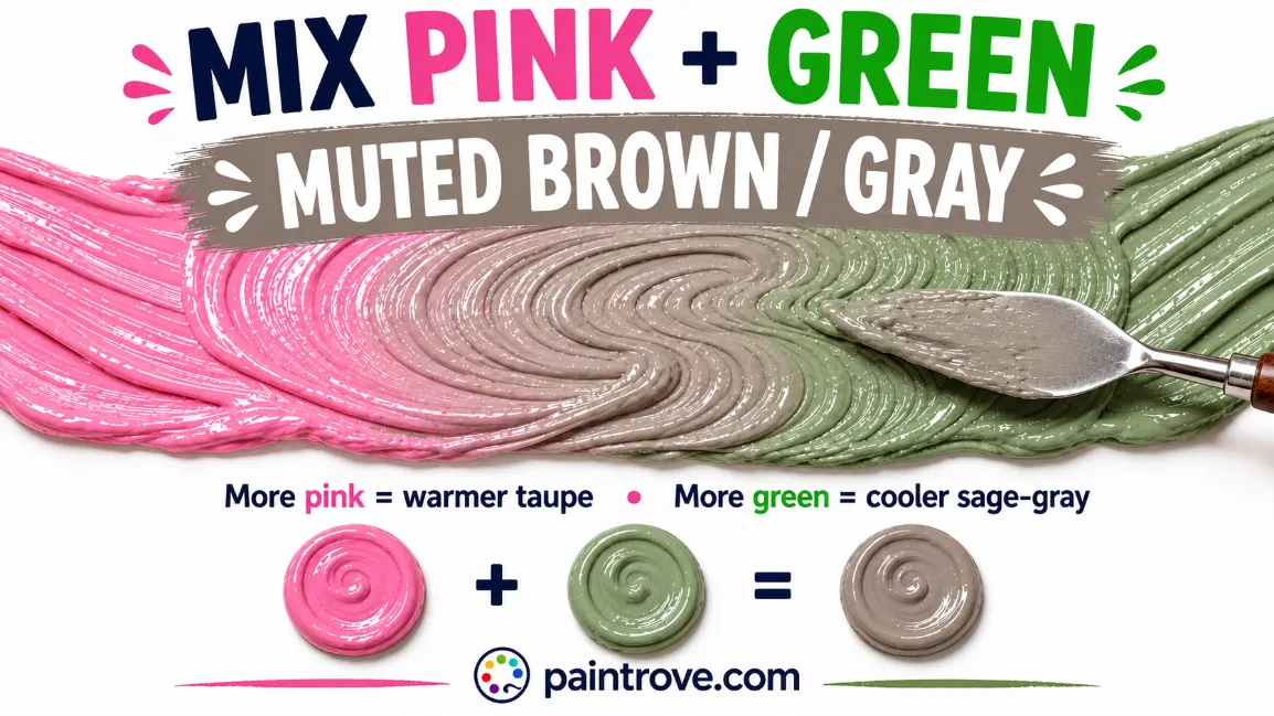 Pink and green make muted brown or gray, with more pink creating taupe and more green creating sage.