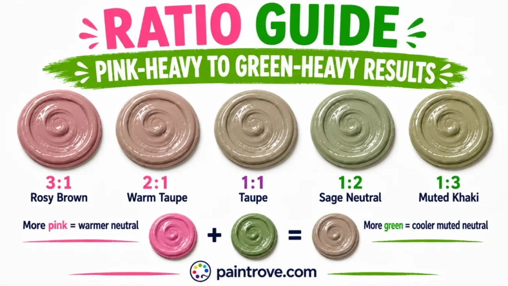 Pink and green mixing ratios create rosy brown, warm taupe, sage neutral, and muted khaki.