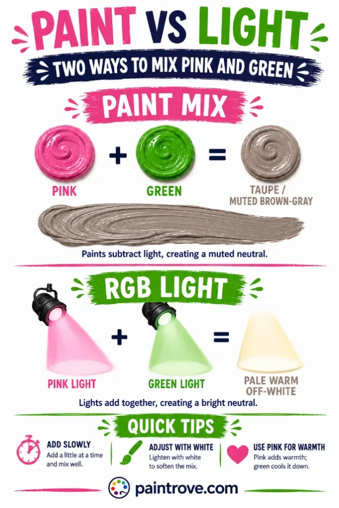Pink and green mixed in paint make taupe, while pink and green light create a pale warm off-white.