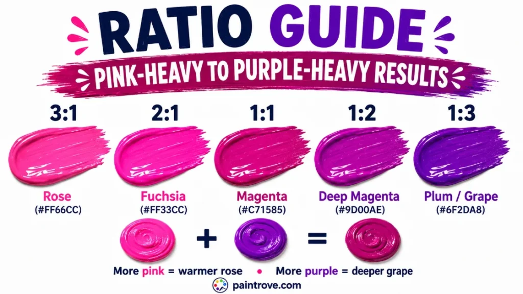 Pink and purple mixing ratios create rose, fuchsia, magenta, deep magenta, plum, and grape.