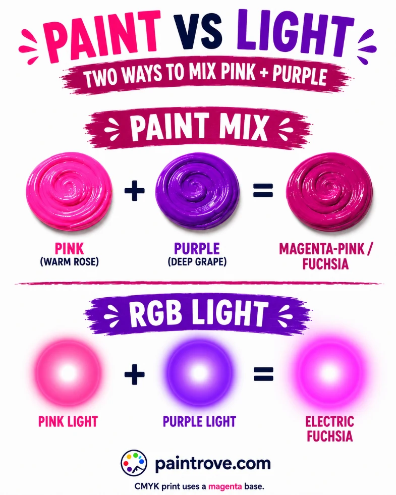 Pink and purple mixed in paint make magenta, while pink and purple light create electric fuchsia.