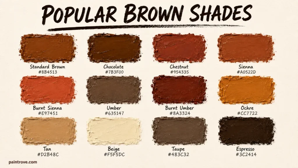 Popular brown paint shades with names and matching hex color codes.