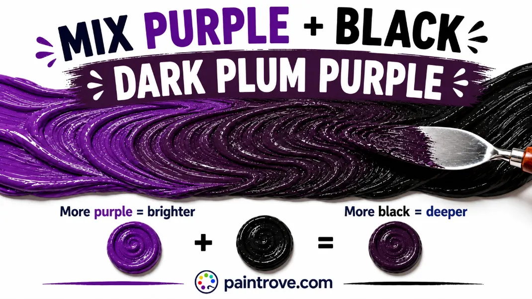 Purple and black make dark purple shades from bright purple through plum and eggplant to near-black purple.