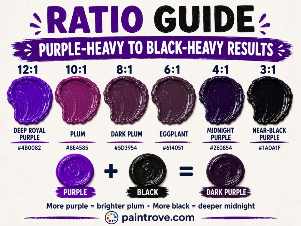 Purple and black mixing ratios create royal purple, plum, eggplant, midnight purple, and near-black purple.
