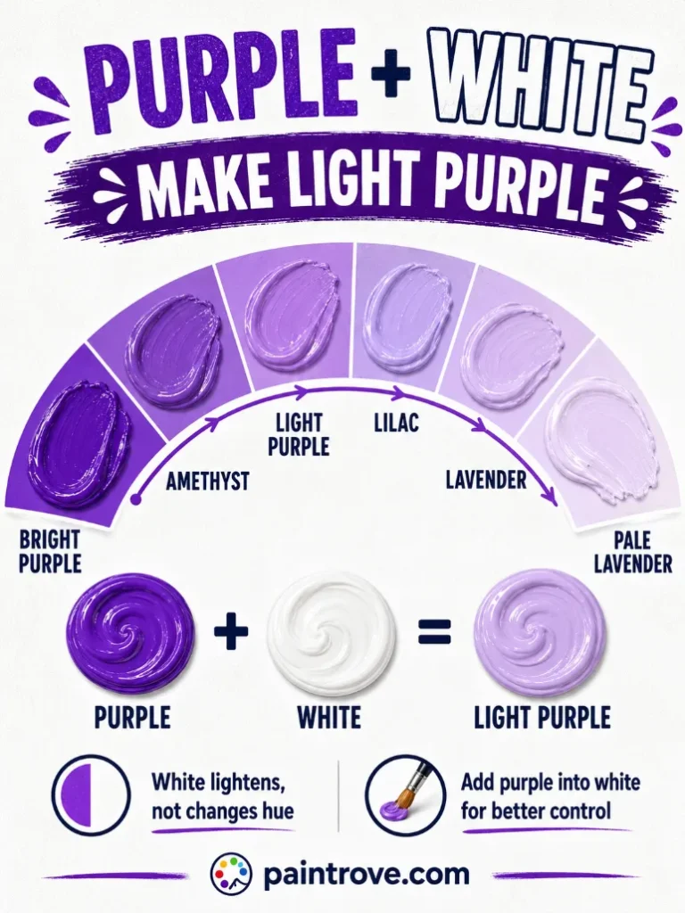 Purple and white make light purple shades from amethyst and lilac to lavender and pale lavender.