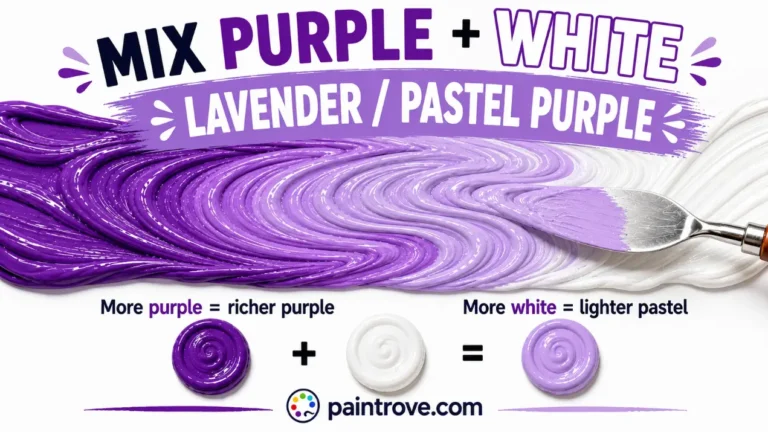 Purple and white make lavender or pastel purple, with more white creating a lighter shade.