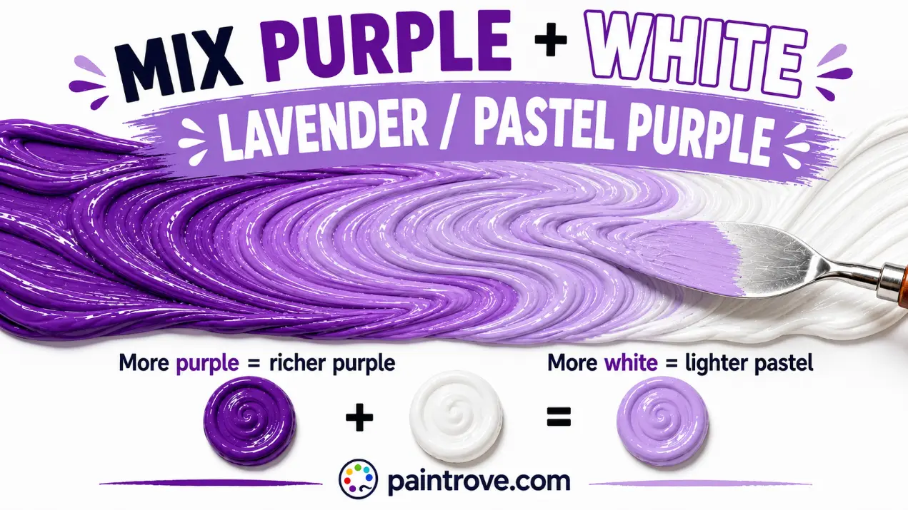 Purple and white make lavender or pastel purple, with more white creating a lighter shade.
