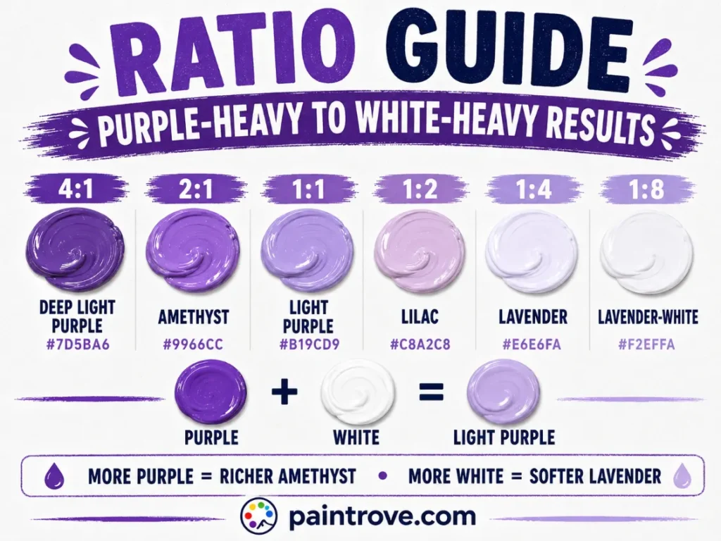 Purple and white mixing ratios create amethyst, light purple, lilac, lavender, and lavender-white.