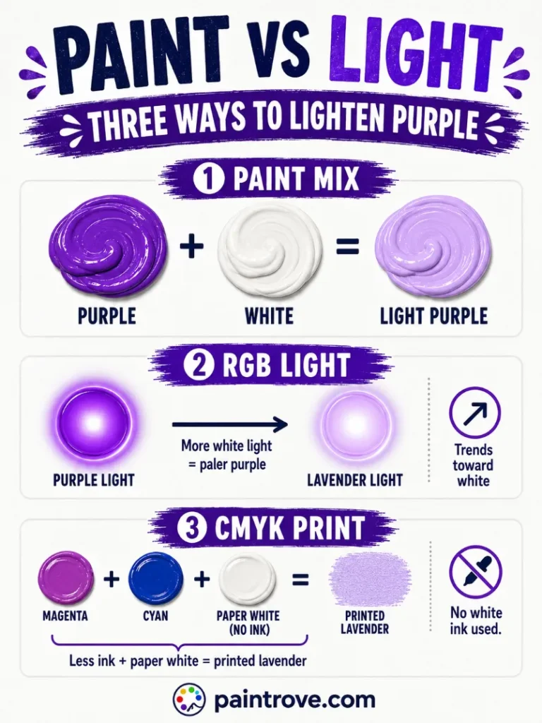 Purple and white paint make light purple, while added white light creates a paler lavender glow.