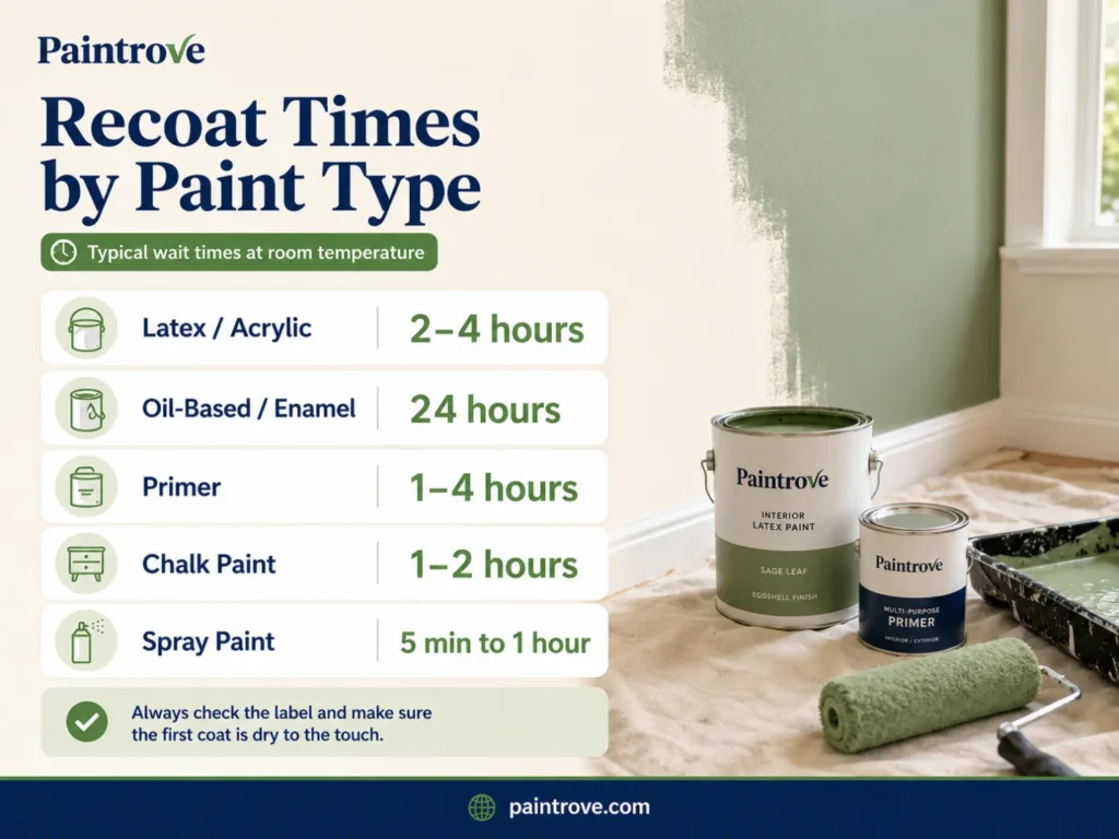 Recoat times by paint type showing latex, oil-based, primer, chalk paint, and spray paint wait times