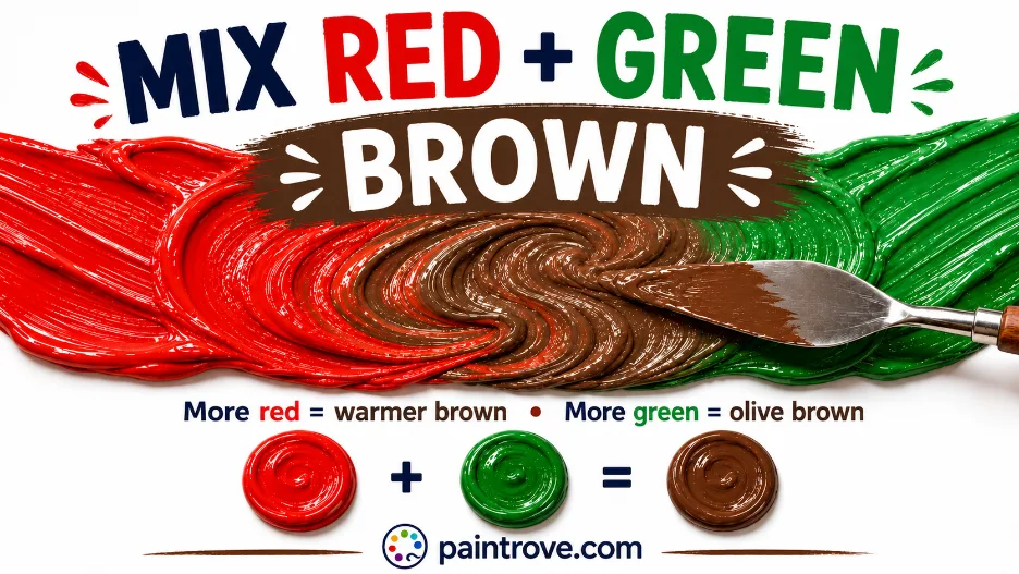 Mix red and green paint to make a rich, earthy brown color in a paint palette.
